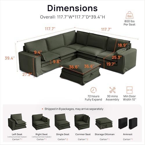 117" Washable Oversize Modular Sectional Sofa Couches for Living Room,Gr...