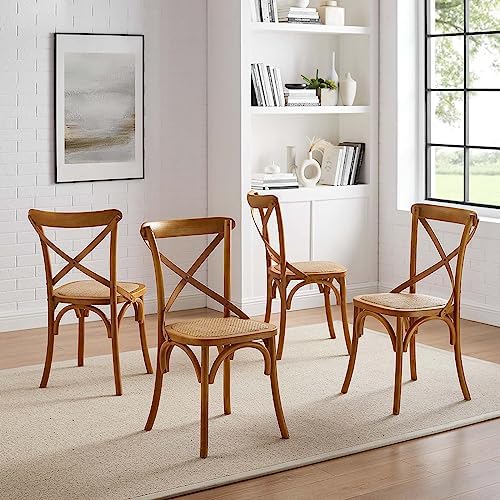 Modway Gear Rustic Modern Farmhouse Elm Wood Rattan Four Dining Chairs in Walnut