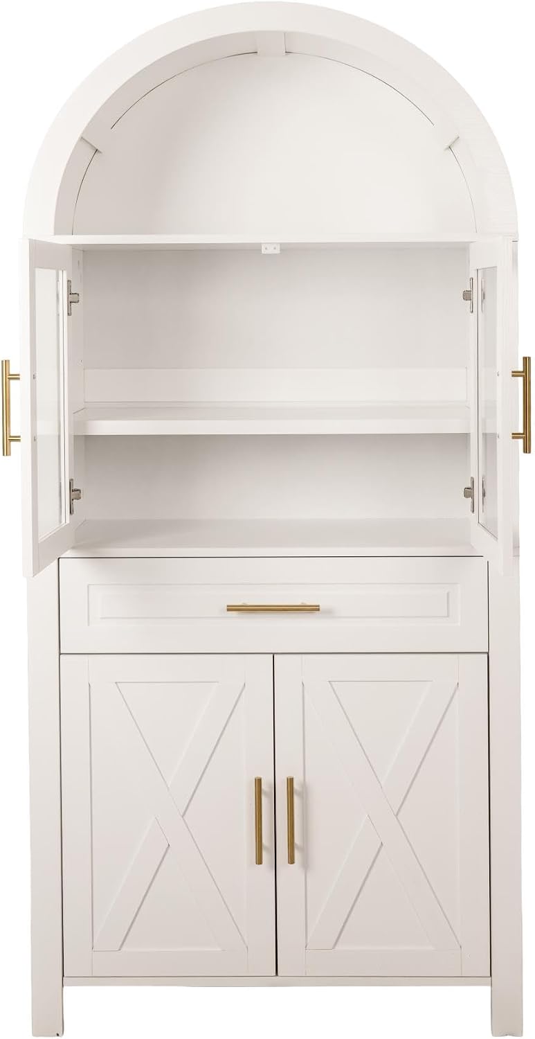 ZeHuoGe 70.8" Tall Arched Kitchen Pantry Cabinet with Glass Door, Farmho...