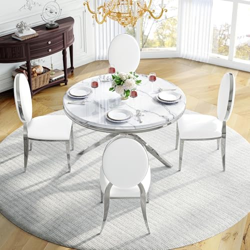 AF ARTISAN FURNITURE Round Marble Dining Table Set for 4, Black Silver Faux M...