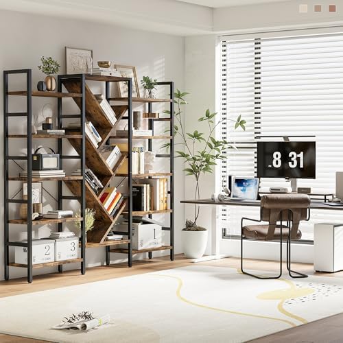 INNOD 70x70 Triple 5 Tier Book Shelf, Large Wooden Bookcase with 17 Open Disp...