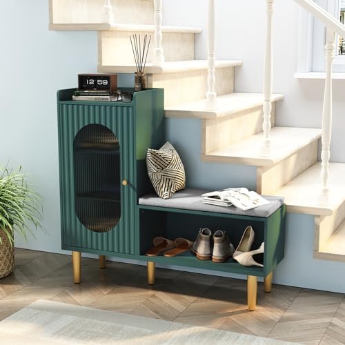 HLR Shoe Storage Bench with Glass Door&Shelf, L-Shaped Shoe Cabinet, Gree...
