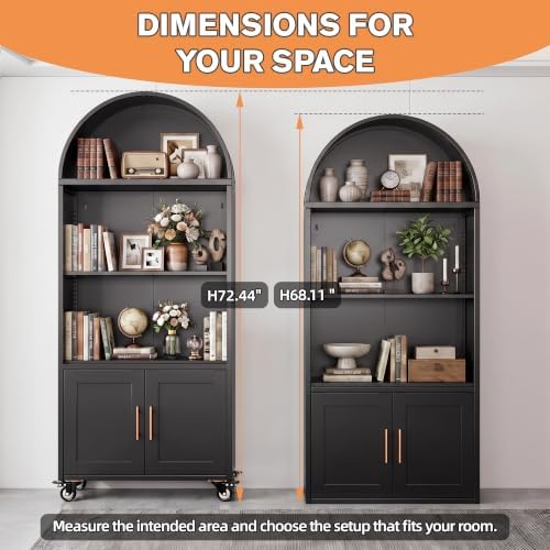 72.3" H Arched Bookshelf with Doors, Metal Arched Bookcase