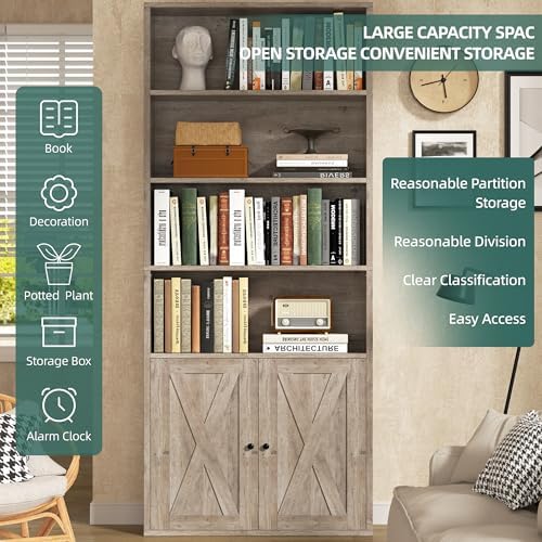 Modern Bookshelf with Doors, Industrial Bookshelves with 6-Tier Shelf, 71 inc...
