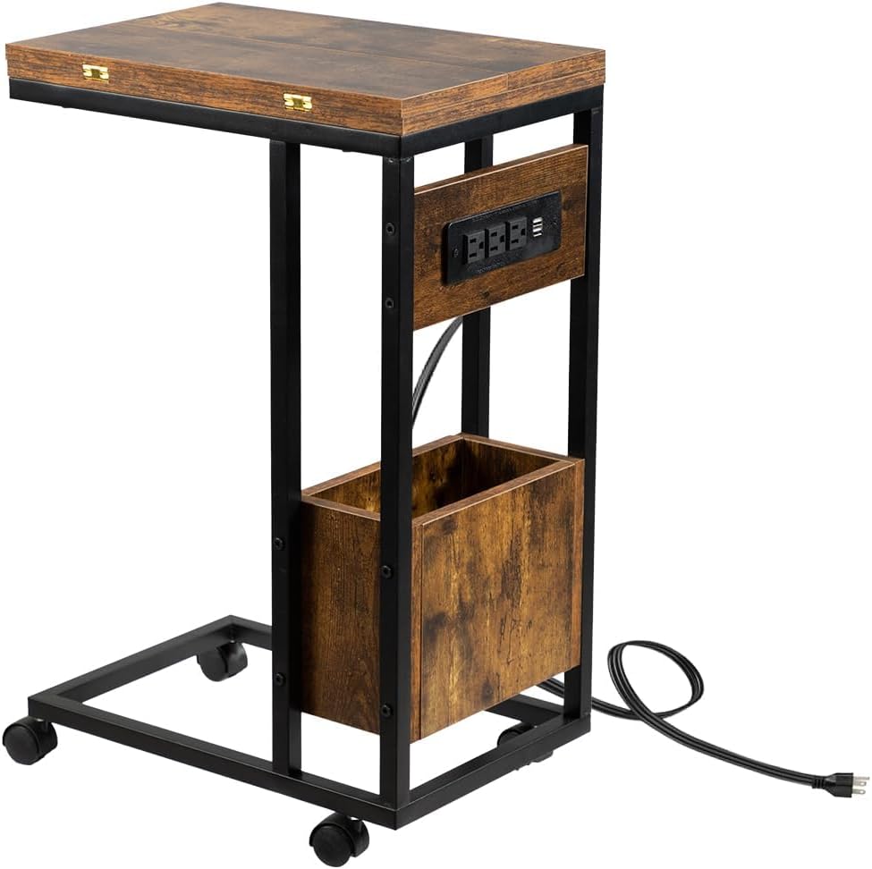 Hadulcet C Shaped End Table with Charging Station & Foldable Tabletop, Fo...