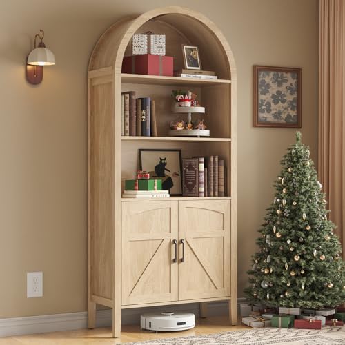 ONBRILL 71" Arched Display Bookshelf, 5-Tier Arched Bookcase W/Door, Oak