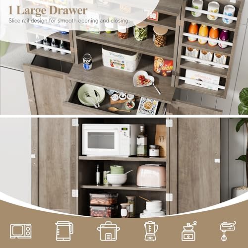 Vongrasig Kitchen Pantry Storage Cabinet with Barn Doors, Drawer and Adjustab...
