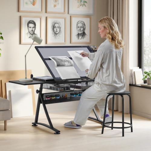 Yaheetech Glass Drafting Table & Stool, Drawing Table for Artists, Black