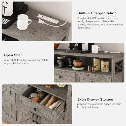 51" Farmhouse Buffet Sideboard Cabinet with Drawers and Barn Doors, Storage