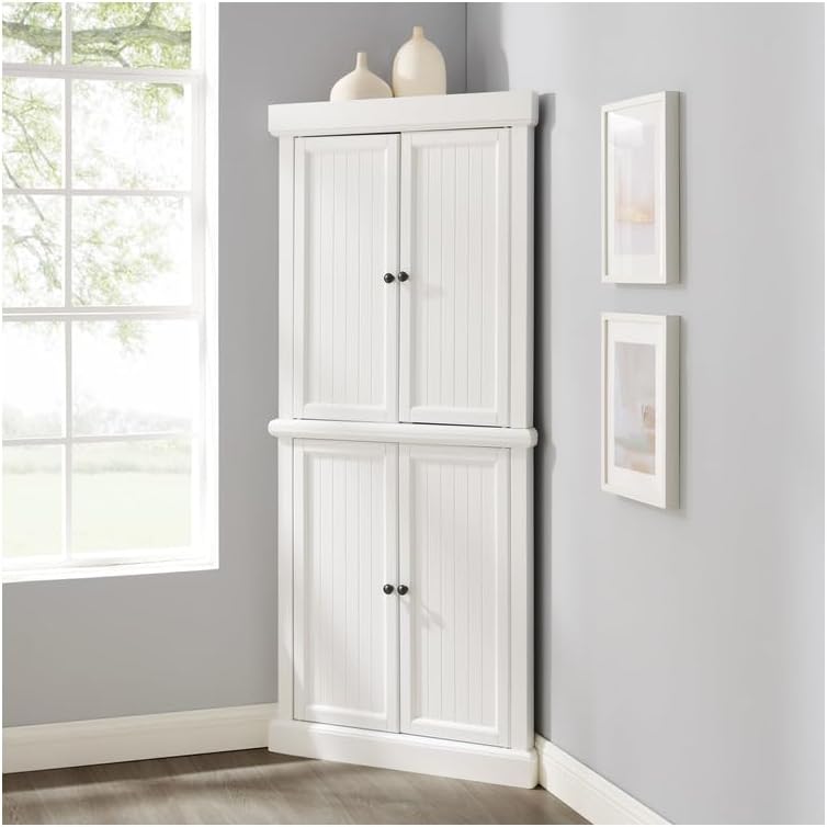 HomeStock Corner Pantry Cabinet - Tall White Kitchen Storage, 2 Stackable Units