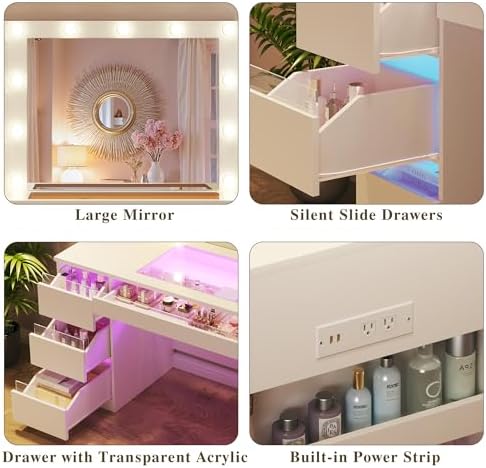 HUAHUU Vanity Desk with Lighted Mirror & Transparent Top, Makeup Vanity D...