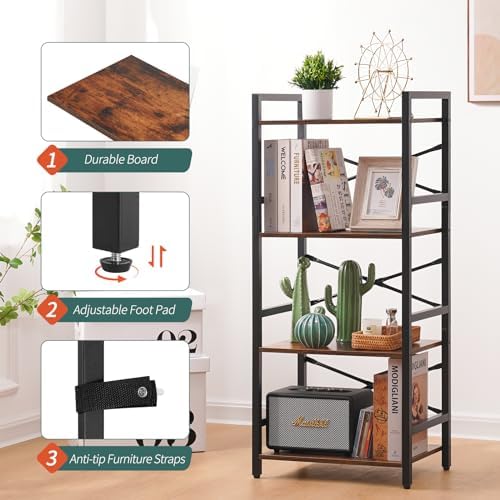 4 Tier Bookshelf, Small Book Shelf, Bookcase with Metal Frame & Wood Shelf