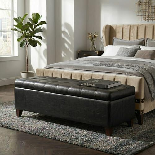 Black Ottoman with Storage Faux Leather Storage Ottoman Bench | 51 Inch Uphol...