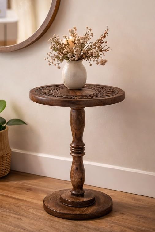 Rustic Wooden End Table 12x22 - Handcrafted Carved Side Table, Burnt Finish B...