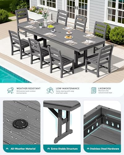 SERWALL 9Pcs 84" HDPE Outdoor Dining Set for 8 with Armless Chairs,Gray