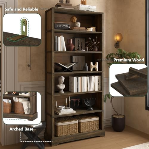 TVU 6 Tiers Wooden Bookshelf, 77.2" Tall Farmhouse Style Open Bookcase, ...