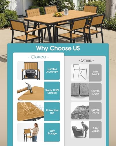 Aluminum Outdoor Dining Set of 6, Patio Table and Stackable Chairs, Teak