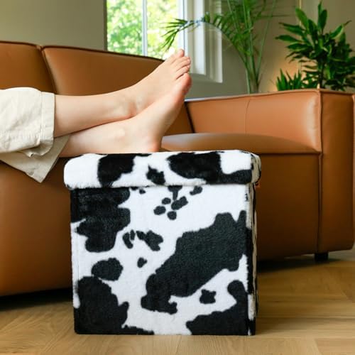 Luxe Faux Fur Storage Ottoman, Cowhide Black/White, 15 x 15 x 15 in