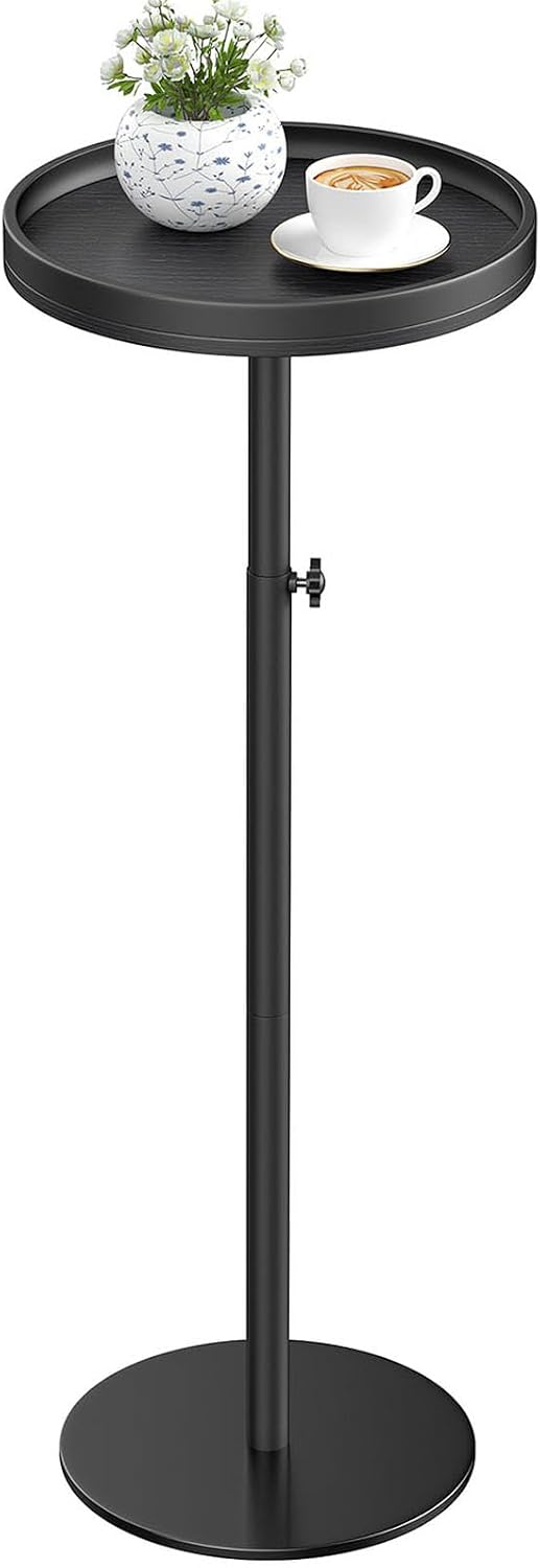Round Side Table, Small Drink Table for Small Spaces, Black | Adjustable Heig...