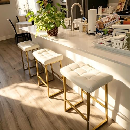 RNKSFX White & Gold Counter Height Bar Stools Set of 3 for Kitchen Counte...