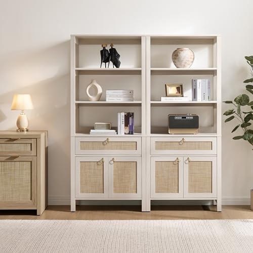 SICOTAS 68.5" Tall Boho White Rattan Storage Bookshelf with Drawer &...
