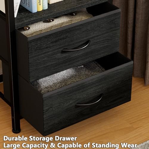 Furnulem 4 Tier Corner Shelf,Black Narrow Bookshelf with 2 Storage Drawers