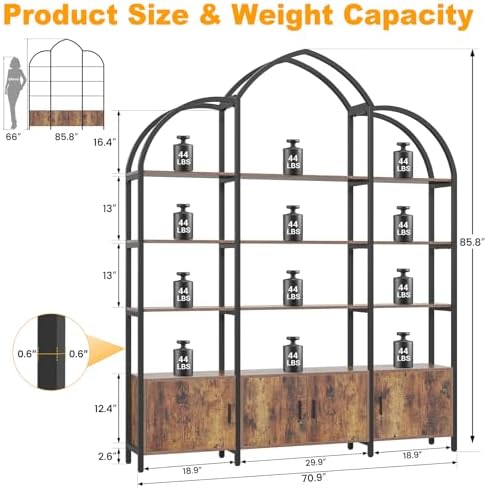 Arched Bookshelf and Bookcase with 3 Cabinets, Triple Wide 5 Tier Standing Bo...