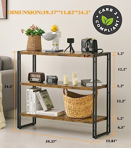 HCHQHS 3-Tier Rustic Wood and Metal Industrial Bookcase - 40in, for Home Offi...