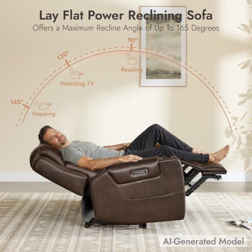 Watson & Whitely Genuine Leather Lay Flat Power Reclining Sofa, Brown | 3...