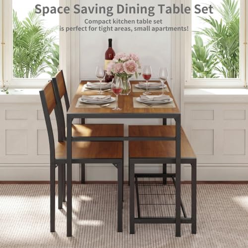 Dining Table Set for 4 with Bench, 4 Pieces Kitchen Table and Chairs, Space-S...