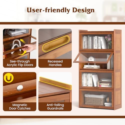 GIANTEX 4-Tier Bookcase with Clear Doors, 55" Bamboo Bookshelf with Flip...