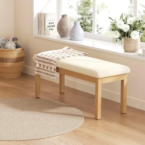 Upholstered Dining Bench Seat, Linen Entryway Benches with Wood Legs, Mid Cen...