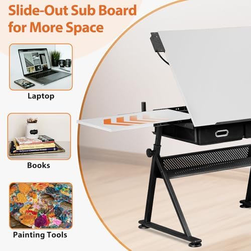 SUPER DEAL Adjustable Drafting Table Set with Charging Station, Tilting Drawi...