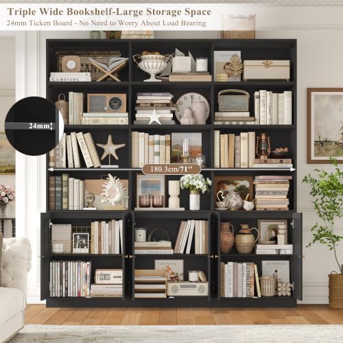 FACBOTALL 75" Tall Bookshelf, Black Bookshelf and Bookcase with 6 Doors