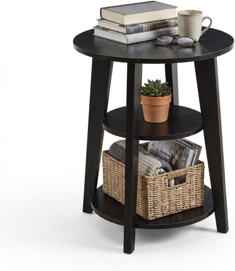 3-Tier Round Side Table - 23.6" Tall End Table with Storage Shelves - Wa...