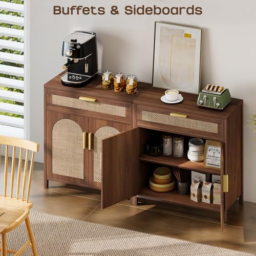Rattan Buffet Cabinet with Storage, Sideboard Cabinet with Doors and Shelves,...