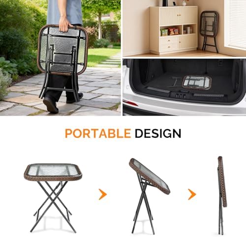 VINGLI 18in Modern Brown Rattan Folding Glass Outdoor Side Table, Small Patio...