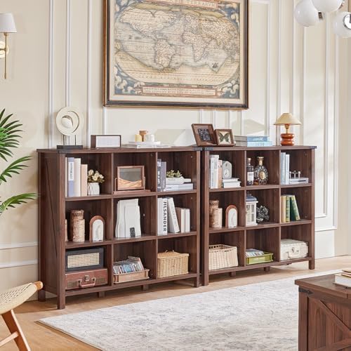 Joaxswe 9 Cube Bookcase, Farmhouse 47 Inch Wide Brown Walnut Bookshelf, Woode...