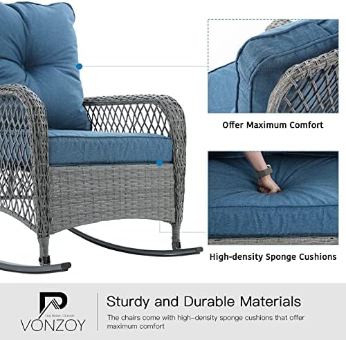 Patio Furniture Set 3 Pieces, Wicker Outdoor Rocking Bistro Set, Blue