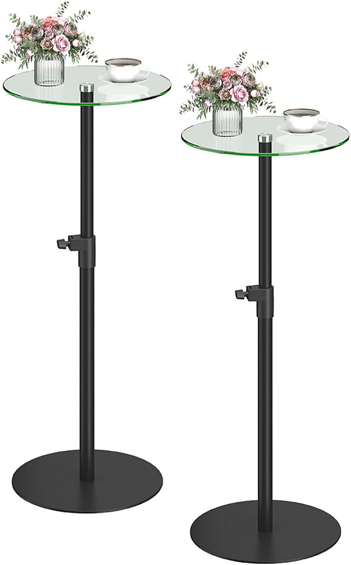 Round Side Table Set of 2, Glass End Table, Round Coffee Table, Black