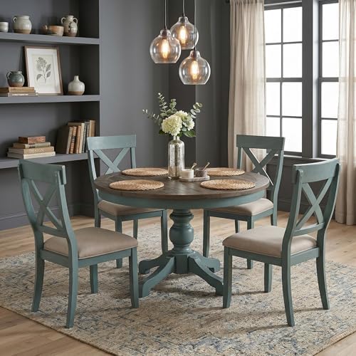 Roundhill Furniture Prato 5-Piece Round Dining Table Set with Cross Back Chai...