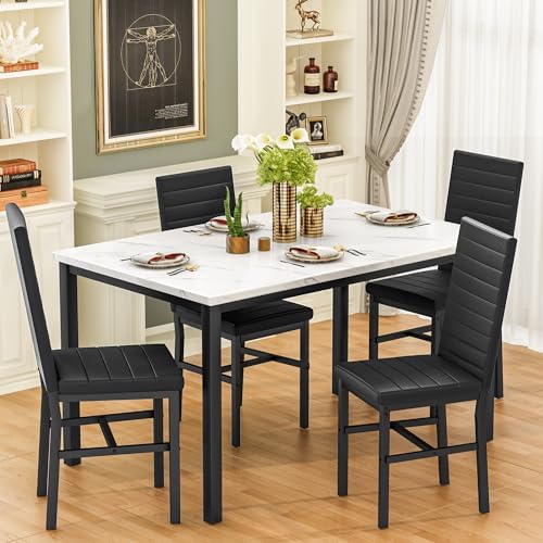 Hooseng Dining Table Set for 4, 5-Piece Faux Marble Dinner Table Set with 4 U...