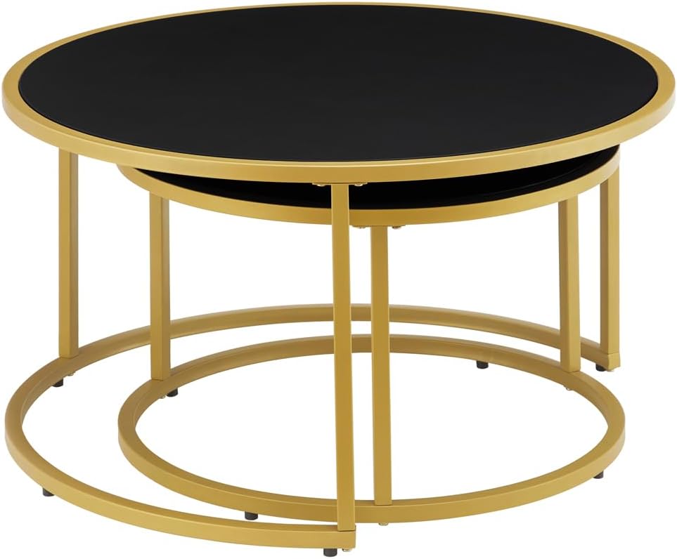 24KF Modern Faux Leather Nesting Round Coffee Table with Golden Metal Base,Ac...