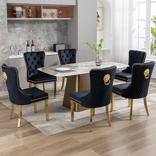 Dining Chairs Set of 6, Golden Metal Legs, Sophisticated Lion Ring, Black