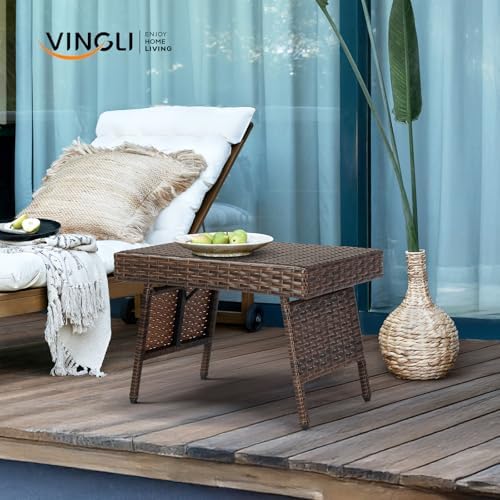 VINGLI Outdoor Folding Rattan Side Table, Portable Wicker End Table for Patio...