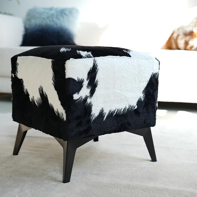 Faux Cowhide Ottoman, Upholstered Foot Stool,Animal Print Ottoman - 16 x 16 x...
