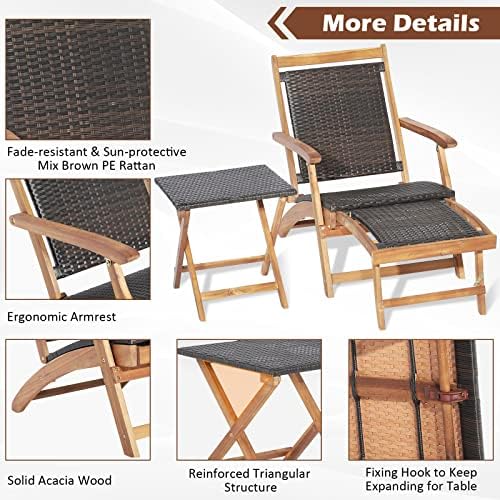 Tangkula Patio Lounge Chair and Side Table Set, Acacia Wood Wicker Folding Ta...