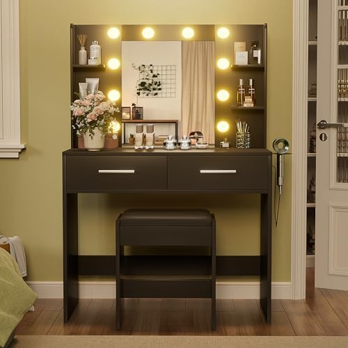 YESHOMY Vanity Desk with Mirror, Makeup Table, Pure Black | 2 Large Drawers, ...