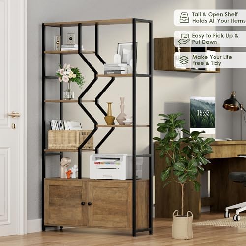 Keyluv 76" Tall Industrial Bookshelf with Storage Cabinet, Rustic Brown