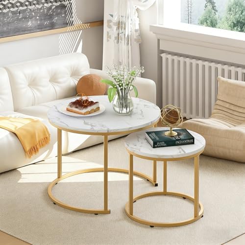 aboxoo Coffee Table Nesting White Set of 2 Side Set Golden Frame Circular Rou...